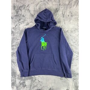 Polo Ralph Lauren Kids Hoodie XL 18-20 Blue Neon Green Big Pony Logo Pullover